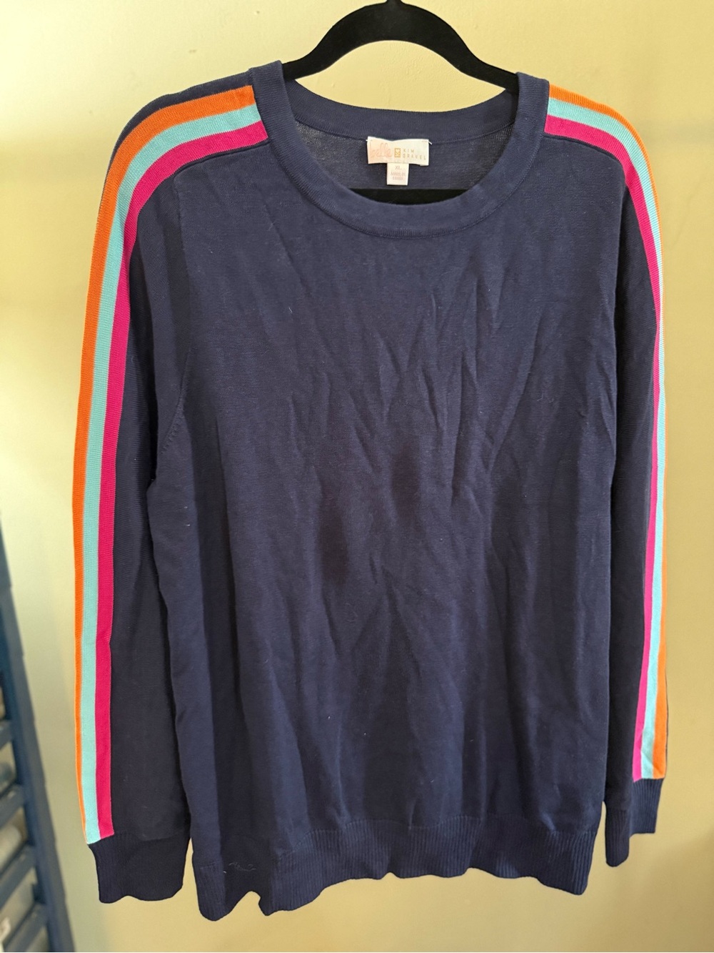Belle by Kim Gravel Navy Crewneck Sweater with Rainbow Shoulder Stripes